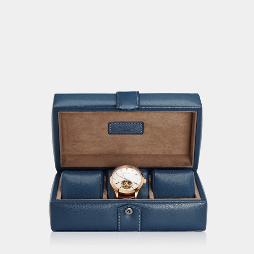 Skórzana szkatułka na zegarki w kolorze niebieskim